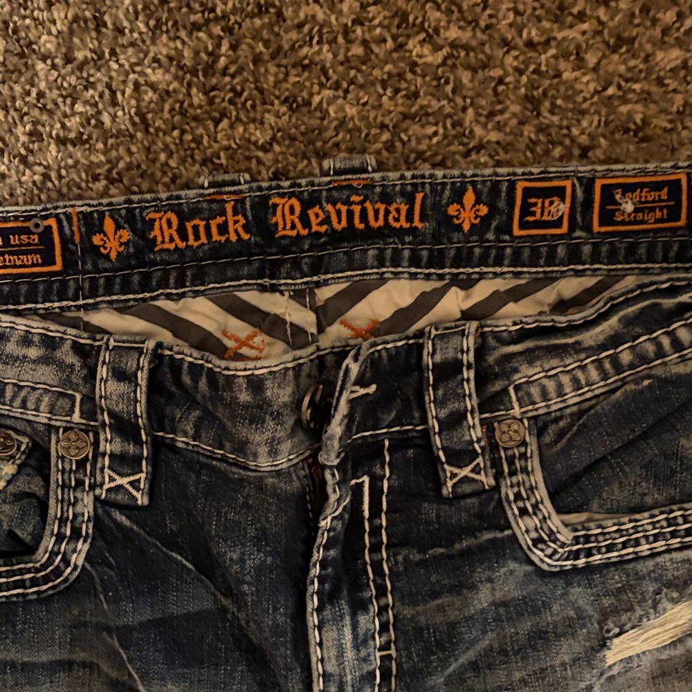 Rock Revival Men’s Washed Blue Bootcut Jeans with Contrast Stitching